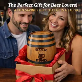 Couple opening gift box revealing a mini oak barrel beer fund piggy bank as a present for beer lovers