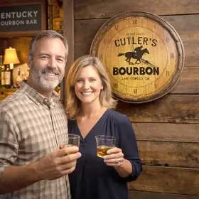 Couple enjoying whiskey in bourbon bar with personalized quarter barrel wall clock mounted on rustic wood wall.