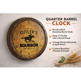 Rustic bourbon barrel style quarter barrel clock with vintage roman numerals handcrafted bar décor.