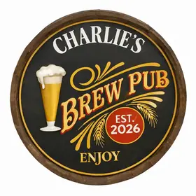 Charlie’s Brew Pub 20–21 inch round wooden barrel head sign featuring raised beer glass and vintage typography.