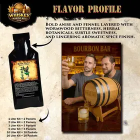 Absinthe flavor profile showing bold anise, fennel, wormwood botanicals and oak barrel aging demonstration with home tasting setup.