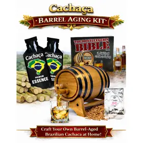 Brazilian Cachaça barrel aging kit with oak barrel, sugarcane stalks, premium essence packets, and aged spirit glass ready to pour.