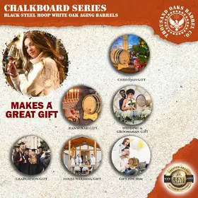 Collage showing various gifting occasions—Christmas, Hanukkah, weddings, graduations, housewarmings, and gifts for him—featuring chalkboard aging barrels as gift ideas.