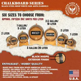 Lineup of chalkboard aging barrels from 2 liters to 5 gallons with labels like Scotch, Whiskey, Bourbon, Tequila, and Rum, promoting American white oak construction and hobby-grade quality.