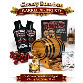 Cherry Bourbon whiskey flavor profile showing rich dark cherry sweetness, vanilla oak, caramel depth and toasted spice finish from small oak barrel aging kit.