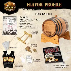 Complete Cherry Bourbon barrel aging kit contents including charred oak barrel, cherry bourbon essence, restoration kit, funnels and Bootlegger’s Bible guide.