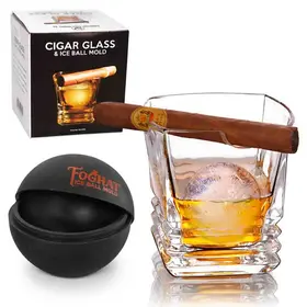 Whiskey cigar glass with built-in cigar holder and ice ball mold gift set product display.
