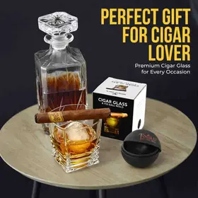 Cigar whiskey glass gift set with premium packaging, decanter and ice sphere mold for men.