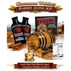 Cinnamon Whiskey Barrel Aging Kit with oak barrel, premium essence packets and glass of spiced whiskey over ice.