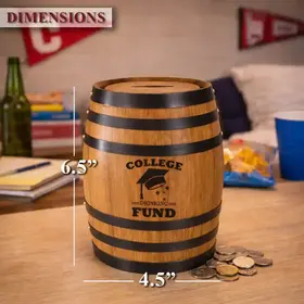 College Drinking Fund mini oak barrel piggy bank showing dimensions of 6.5 inches tall and 4.5 inches wide on a dorm room desk with coins.