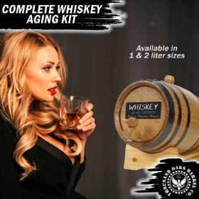 Complete whiskey aging kit with 1 liter and 2 liter oak barrel for home bar use, featuring The Whiskey Experience DIY whiskey making system.