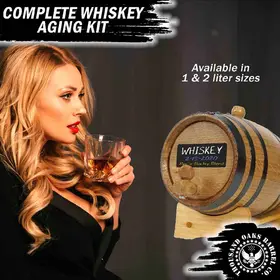 Complete whiskey aging kit with 1 liter and 2 liter oak barrel for home bar use, featuring The Whiskey Experience DIY whiskey making system.