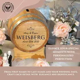 Personalized wedding barrel engraved with couple names and wedding date displayed as a rustic wedding card holder.