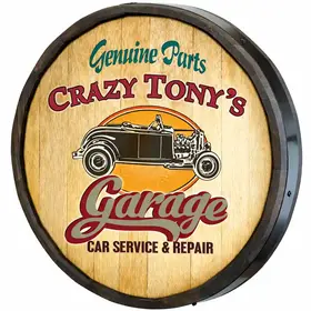 Angled profile of custom wooden garage barrel end sign showing 3 inch dimensional depth and rustic wood rim.