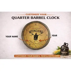 Custom moonshine barrel end clock showing personalized name year and distillery engraving on rustic barrel style clock face.