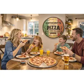 Handmade personalized pizza barrel sign mounted on kitchen wall with family enjoying pizza