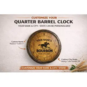 Customizable quarter barrel clock showing personalized name and city location on bourbon barrel head wall clock.