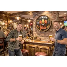 Handmade quarter barrel pub sign mounted on brick wall inside traditional bar interior