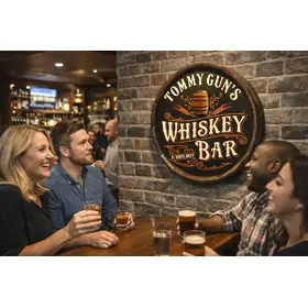 Rustic pub interior featuring 20–21 inch handmade wooden whiskey bar quarter barrel wall sign with dimensional depth.
