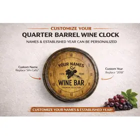 Personalized Quarter Barrel Wine Clock – Custom Names and Established Year Wine Bar Wall Clock