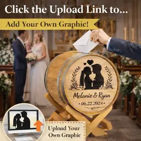 Personalized engraved oak wedding card barrel collecting envelopes during indoor church wedding ceremony.