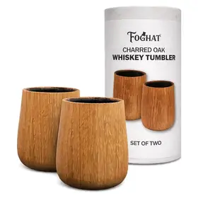 Set of two Foghat charred oak whiskey tumblers with gift packaging, handcrafted wooden cups designed for enhancing bourbon and whiskey flavor.