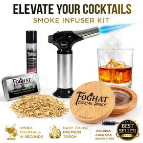 Foghat cocktail smoker kit smoke infuser with premium torch, aged oak wood chips, and smoked whiskey glass, best seller home bar accessory.