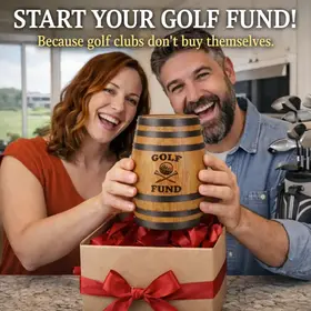 Golf Fund oak barrel piggy bank gift presentation with smiling couple opening gift box and golf clubs in background perfect gift for golfers.