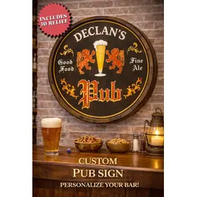 Handmade quarter barrel pub sign displayed in luxury home bar setting with warm lighting
