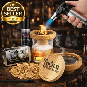 Foghat Cocktail Smoking Kit displayed on rustic bar with oak smoker, whiskey glass, torch igniting wood chips, and best seller badge.