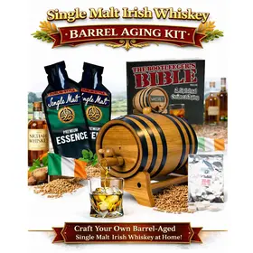 Dublin Single Malt Irish Whiskey making kit featuring oak barrel aging system, premium essence pouches, Bootlegger’s Bible guide, and home whiskey gift set
