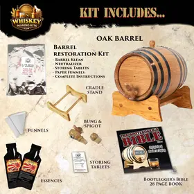 Japanese Blended Peat Whisky making kit contents including charred American white oak barrel, peated whisky essence, restoration kit and Bootlegger’s Bible guide.