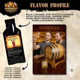 Kentucky Bourbon whiskey flavor profile showing caramel, vanilla, toasted oak, baking spice, and warm finish with premium essence pouch and oak barrel