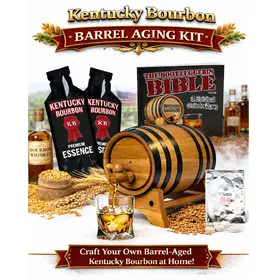 Kentucky Bourbon barrel aging kit hero image featuring charred oak barrel, bourbon essence pouches, glass of bourbon, grains, and complete home whiskey gift set