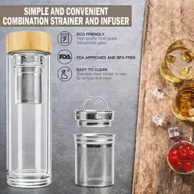 Clear borosilicate glass whiskey infusion bottle with stainless steel removable strainer and bamboo lid.