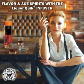 Liquor Quik® Infusion Kit displayed in a home bar setting with whiskey glass, cigar, and infuser bottle for aging and flavoring spirits.