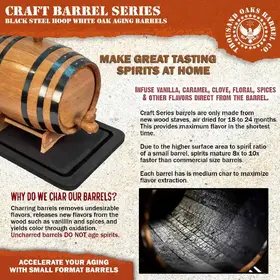 Charred American white oak aging barrel designed to infuse vanilla, caramel, and spice flavors while accelerating whiskey and bourbon aging at home.