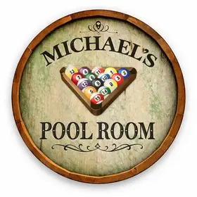 Michael’s Pool Room 20–21 inch round wooden barrel head sign featuring 3D billiard ball rack and vintage lettering.