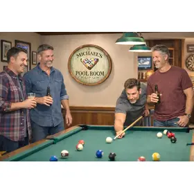 Michael’s Pool Room handmade quarter barrel sign displayed in game room with friends playing billiards.
