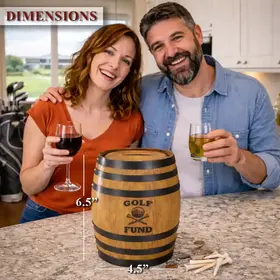 Mini oak barrel Golf Fund bank dimensions showing 6.5 inch height and 4.5 inch width with couple holding drinks in a golf themed kitchen setting.
