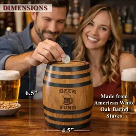 Mini oak barrel beer fund piggy bank showing dimensions 6.5 inches tall and 4.5 inches wide made from American white oak barrel staves

Image 2