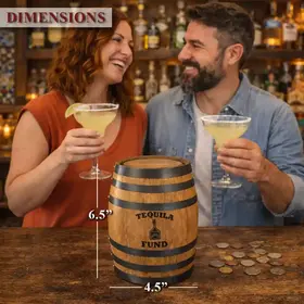 Mini oak barrel piggy bank tequila fund showing product dimensions 6.5 inch height and 4.5 inch diameter on home bar counter