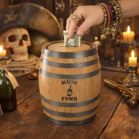 Mini oak barrel piggy bank with engraved Rum Fund graphic on rustic pirate bar table with skull decor and rum bottle