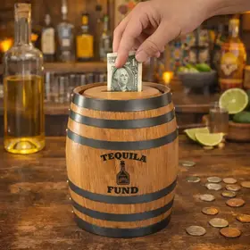 Hand placing dollar bill into mini oak barrel piggy bank engraved with Tequila Fund graphic on rustic tequila bar counter