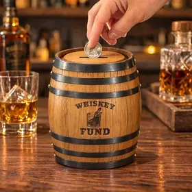 Mini oak barrel whiskey fund piggy bank on a bar top with whiskey glass and decanter in the background