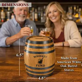 Mini oak barrel piggy bank showing dimensions 6.5 inches tall and 4.5 inches wide made from American white oak barrel staves