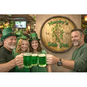 Rustic Irish pub quarter barrel sign displayed in bar setting with people celebrating