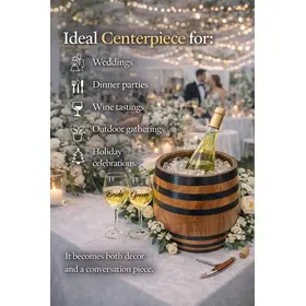 Oak barrel champagne chiller centerpiece at romantic wedding reception with string lights and floral table decorations