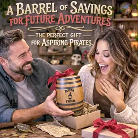 Mini oak barrel piggy bank gift presentation with couple exchanging handmade rum fund barrel bank in cozy home setting