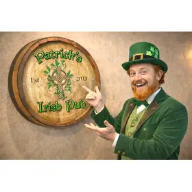Personalized Irish pub barrel sign shown with St. Patrick’s Day costume theme